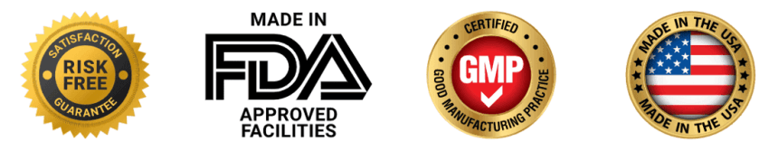 Certification badges for Lipojaro : GMP certified, FDA registered, made in USA, non-GMO, natural ingredients